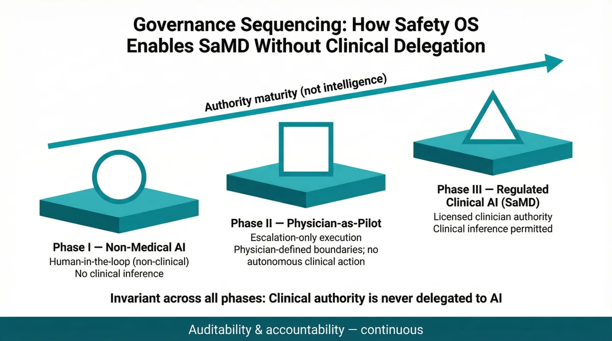 Governance Sequencing: How Safety OS Enables SaMD Without Clinical Delegation - showing Phase I Non-Medical AI, Phase II Physician-as-Pilot, Phase III Regulated Clinical AI (SaMD), with authority maturity (not intelligence) arrow and invariant: clinical authority is never delegated to AI
